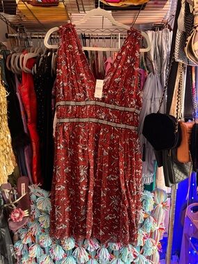 Isabel Marant Red Floral V-Neck Tiered Dress